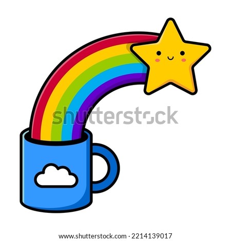 Blue cup with the image of a cloud. Star and rainbow. Vector illustration.