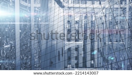 Composition of computer circuit board over server room. Global technology, computing and digital interface concept digitally generated image.