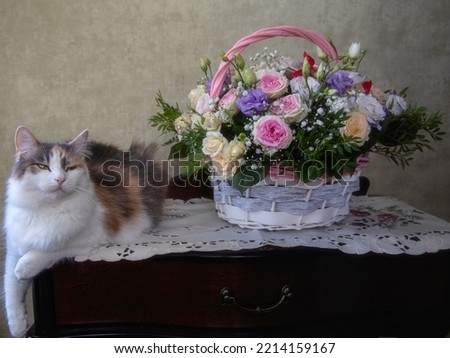 Basket of flowers and pretty tricolor kitty