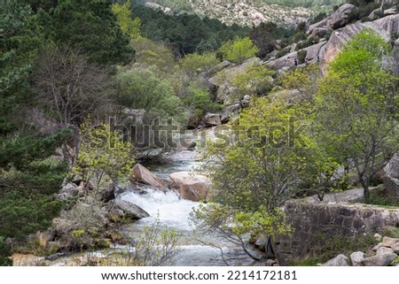 The river Manzanares along its course through La Pedriza, in Guadarrama Mountains National Park, Madrid, Spain Royalty-Free Stock Photo #2214172181