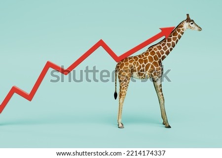 the concept of revenue growth. a long arrow and a giraffe on a blue background. 3D render.