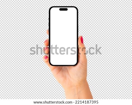 Mobile phone mockup. Person holding phone in hand, transparent background pattern.