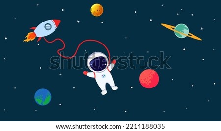 Set of astronaut, rocket and planets in space on dark background. Cute flat vector illustration for kids birthday party invitation card design, back to school concept, copy space for your text.