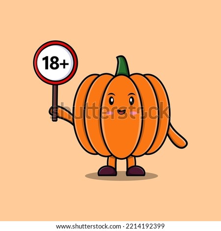 cute cartoon Pumpkin holding 18 plus sign board in vector character illustration