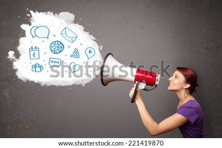 Young woman shouting into loudspeaker and modern blue icons and symbols come out