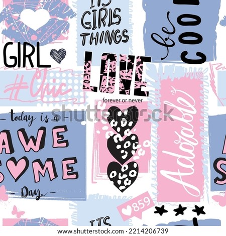 Girls seamless pattern with calligraphic slogan, hearts, words  . background for texylie, graphic tees, kids wear. Wallpaper for teenager girls. Fashion style Royalty-Free Stock Photo #2214206739