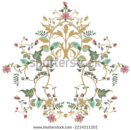 Mughal decorative floral wreath. crest monogram colorful vector motif Royalty-Free Stock Photo #2214211201