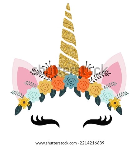 Unicorn logo with horn, ears and flowers. Great for badge, card, greeting, baby birthday party, t-shirt, banner, invitation template. Isolated on white background. Vector.