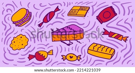 Cookies, candies and cheesecake, vector clipart with doodles, delicate color combinations.