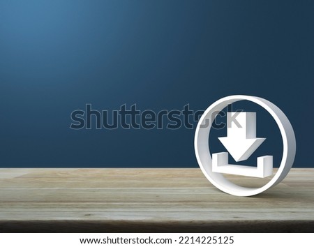 Download 3d icon on wooden table over light blue wall, Technology internet online concept Royalty-Free Stock Photo #2214225125