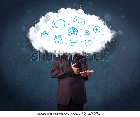 Man in suit with cloud head and blue icons on grungy background