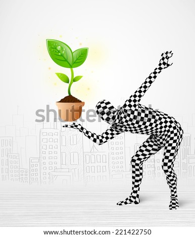 Funny man in full body suit with eco plant, ecological concept