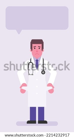 Doctor showing empty pockets and upset. Flat people. Vector illustration