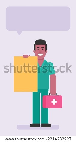 Nurse man holding suitcase and empty sign. Flat people. Vector illustration