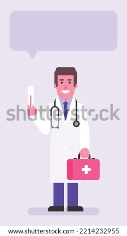 Doctor holding suitcase and thermometer. Flat people. Vector illustration