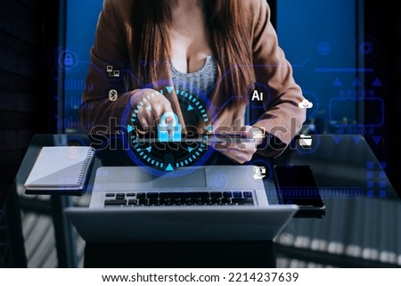 Business women using tablet with laptop and document on desk in modern office with virtual interface graphic icons network diagram.
