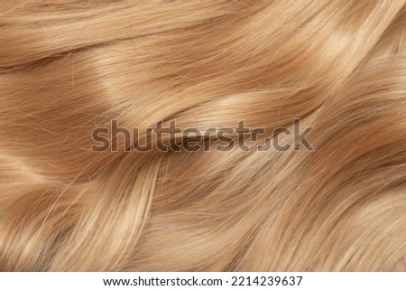 Blond hair close-up as a background. Women's long blonde hair. Beautifully styled wavy shiny curls. Hair coloring. Hairdressing procedures, extension. Royalty-Free Stock Photo #2214239637