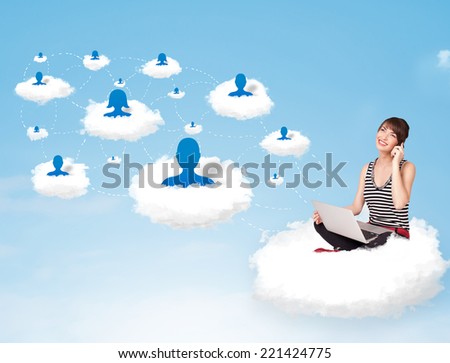 Pretty young woman sitting in cloud with laptop, social network concept