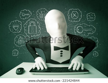 Hacker in mask morphsuit with virus and hacking thoughts on green background