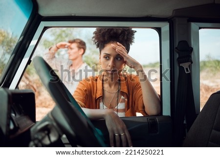 Lost, stress and road trip couple waiting for emergency roadside assistance, car mechanic service and transport insurance help in safari desert. Sad woman anxiety, driving crisis and accident problem Royalty-Free Stock Photo #2214250221