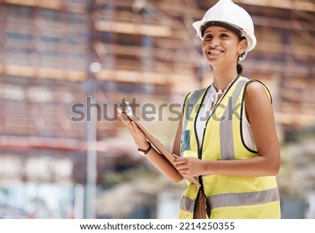 Black woman, engineer and building safety manager with quality compliance checklist. Happy architecture employee smiling female contractor and lead building construction worker at inspection site Royalty-Free Stock Photo #2214250355