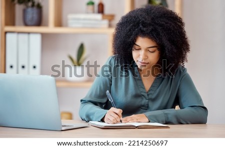 Schedule, entrepreneur and business woman writing notes and report in a notebook, diary or journal. Time management, agenda and young freelancer working and planning a reminder for an appointment