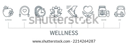Wellness concept with icons. Nutrition, cardio, marathon, recreation, run, health, doctor, gym. Business banner. Web vector infographic in minimal outline style Royalty-Free Stock Photo #2214264287