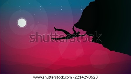 climber on a cliff with mountains as a background. Mountain climber walpaper for desktop. Silhouette of a rock climber. night background.