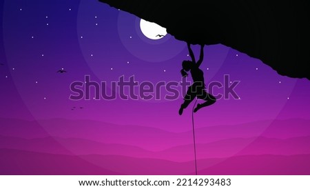 female climber on a cliff with mountains. purple night sky background. Silhouette of a rock climber in the night. Extreme rock climber. Mountain climber walpaper for desktop. 