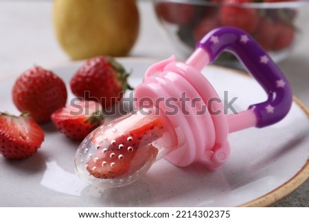 Plastic nibbler with fresh strawberries on plate, closeup. Baby feeder