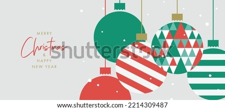 Merry Christmas and Happy New Year banner, greeting card, poster, holiday cover, header. Modern Xmas design with triangle firs pattern in green, red, white colors. Christmas tree and balls decoration Royalty-Free Stock Photo #2214309487