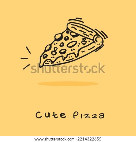 Cute hand drawn doodle pizza. Doodle cartoon pizza slice with sausage, mushrooms and mozzarella. Hand drawn pizza elements with outline drawing. Simple pizza vector.