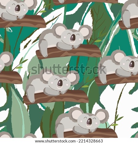 Seamless pattern with cute koala baby on color background. Funny australian animals. Card, postcards for kids. Flat vector illustration for fabric, textile, wallpaper, poster, paper.