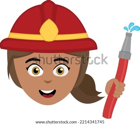 Vector illustration of the face of a cartoon girl firefighter with a helmet and a hose in his hand