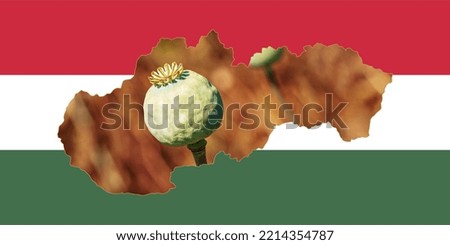 Outline map of Hungary with the image of the national flag. Image of a poppy cob inside the card. Collage. Hungary is a major poppy producer.