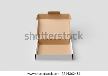 Cardboard postal, mailing box mockup with opened lid. Royalty-Free Stock Photo #2214362481