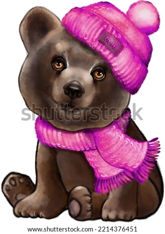 Cartoon cute teddy bear in knitted sweater and hat; hand-painted watercolor New Year's illustration; can be used for children's plays or children's posters; on a transparent isolated background
