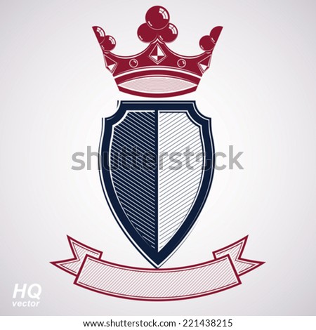 Empire design element. Heraldic royal coronet illustration - imperial striped decorative coat of arms. Luxury vector shield with king red crown and undulate festive ribbon.
