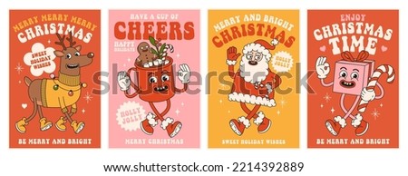 Merry Christmas and Happy New year. Santa Claus, reindeer, cocoa, gift in trendy retro cartoon style. Greeting cards, template, posters, prints, party invitations and backgrounds. Red and pink colors. Royalty-Free Stock Photo #2214392889