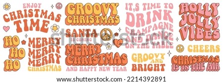 Groovy hippie Christmas stickers. Words, slogan, text about Christmas, new year, champagne, Santa, holly jolly vibes, ho ho ho in trendy retro 60s 70s stile style. Royalty-Free Stock Photo #2214392891