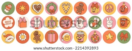 Groovy hippie Christmas stickers. Santa Claus, smile, peace, rainbow, holly jolly, daisy, gingerbread in trendy retro cartoon style. Merry Christmas and Happy New year highlights template, sign, icon. Royalty-Free Stock Photo #2214392893