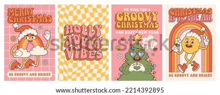Groovy hippie Christmas. Rainbow, Christmas tree, smile, holly jolly vibes in trendy retro cartoon style. Happy New year greeting card, poster, template, print, party invitation, background. Royalty-Free Stock Photo #2214392895
