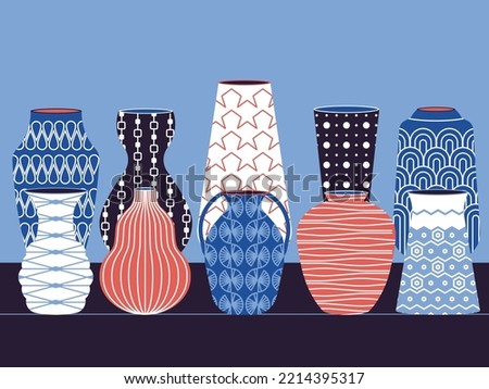 A shelf with decorative pots with patterns. Colorful pottery of different shapes and sizes. House plants vases. Vector.