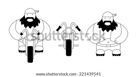 Funny fat, round biker with chopper motorcycle. Flat style. Line art. Black and white