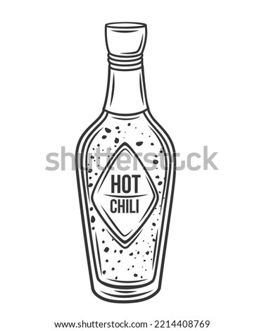 Hot chili sauce in bottle outline icon vector illustration. Line hand drawing spicy chilli product in package with label and cap, spice and dip, dressing and seasoning, chili condiment for cooking Royalty-Free Stock Photo #2214408769