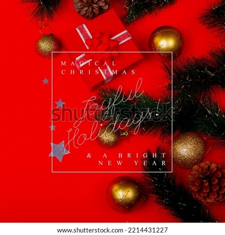 Composition of christmas greetings text over christmas decoration and red background. Christmas, festivity, tradition and celebration concept.