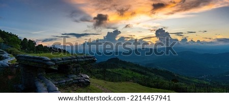 Panoramic view and sunset scenery at Doi Chang Mup view point, a mountain on the border of Thailand, Myanmar