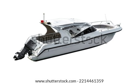 Patrol boat isolated on white background. White and black patrol speed boat with red warning light on roof top isolated Royalty-Free Stock Photo #2214461359