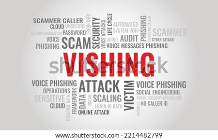 Vishing word cloud. Cybersecurity concept for voice phishing. Scammer social engineering method to access login ID and password. Vector illustration.. 