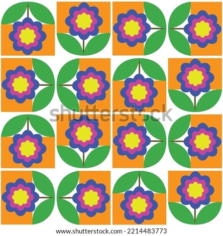 Abstract Hand Drawing Art Deco Retro Tile Geometric Squared Daisies and Leaves Seamless Vector Pattern Isolated Background